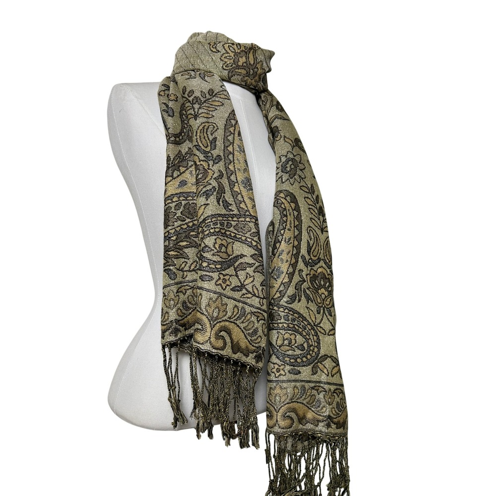 Gold Paisley Shawl Metallic Jacquard Fringe Wrap Scarf Boho Festival Gypsy Chic